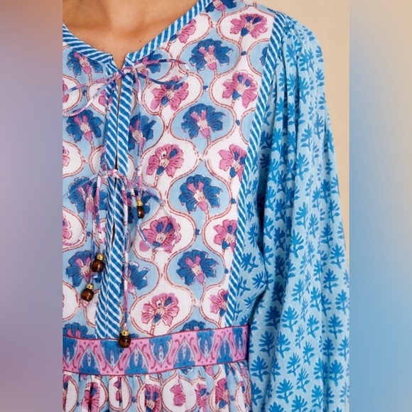 NWT Oliphant Tie Front Balloon Sleeve Dress in Iris Blue Floral, Small - Picture 6 of 7